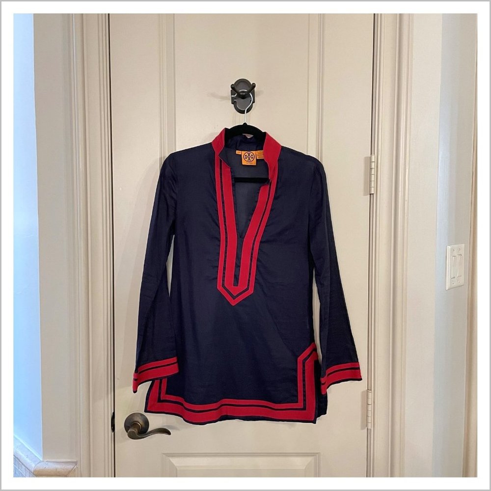 Tory Burch Tunic Blouse 100% Cotton Navy/Red Size 4